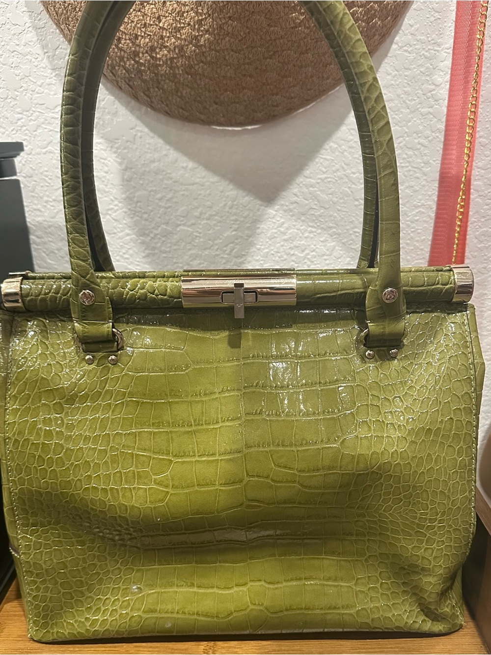 Kate Spade Olive Green Croc-Embossed Patent Tote Bag